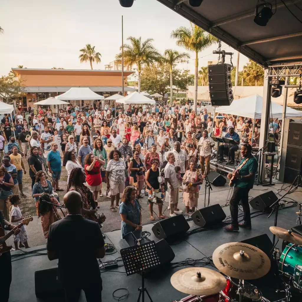 People enjoying an outdoor jazz and blues festival in Fort Myers, with musicians on stage and a joyful crowd, no text, no words, no typography, clean image