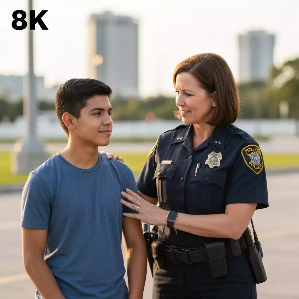 Fort Myers Police Aide providing support to a community member in a compassionate interaction, showing empathy and understanding, no text, no words, no typography, 8K