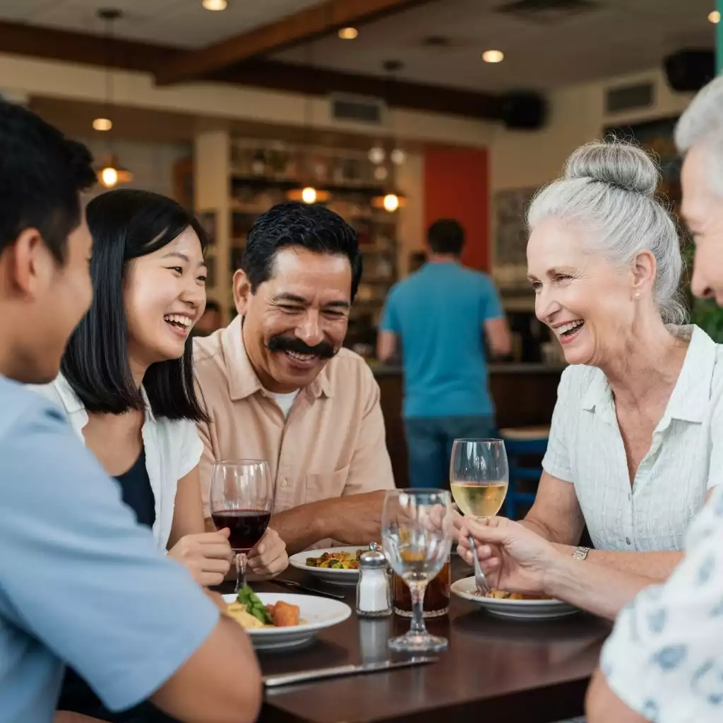 Diverse group of people enjoying a meal at a local Fort Myers restaurant