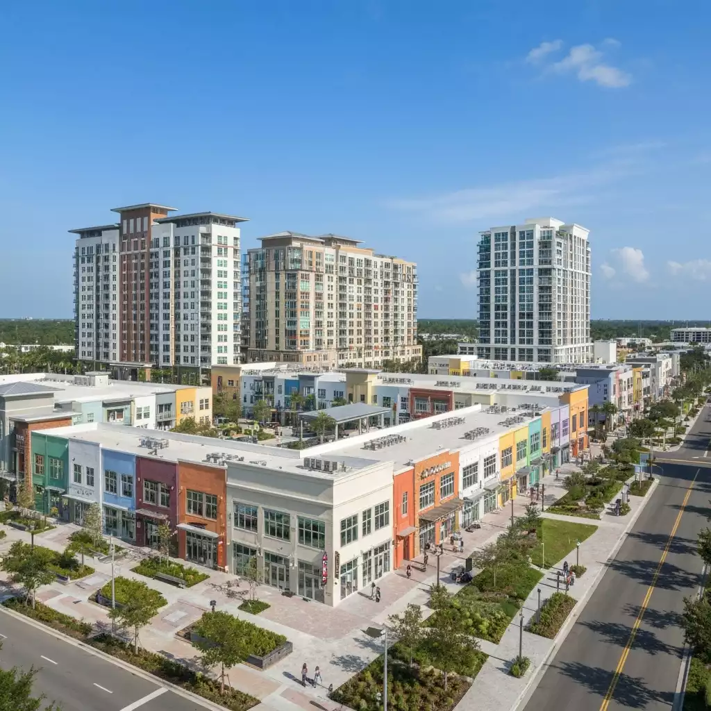 Modern mixed-use development with residential, commercial, and green spaces in Fort Myers