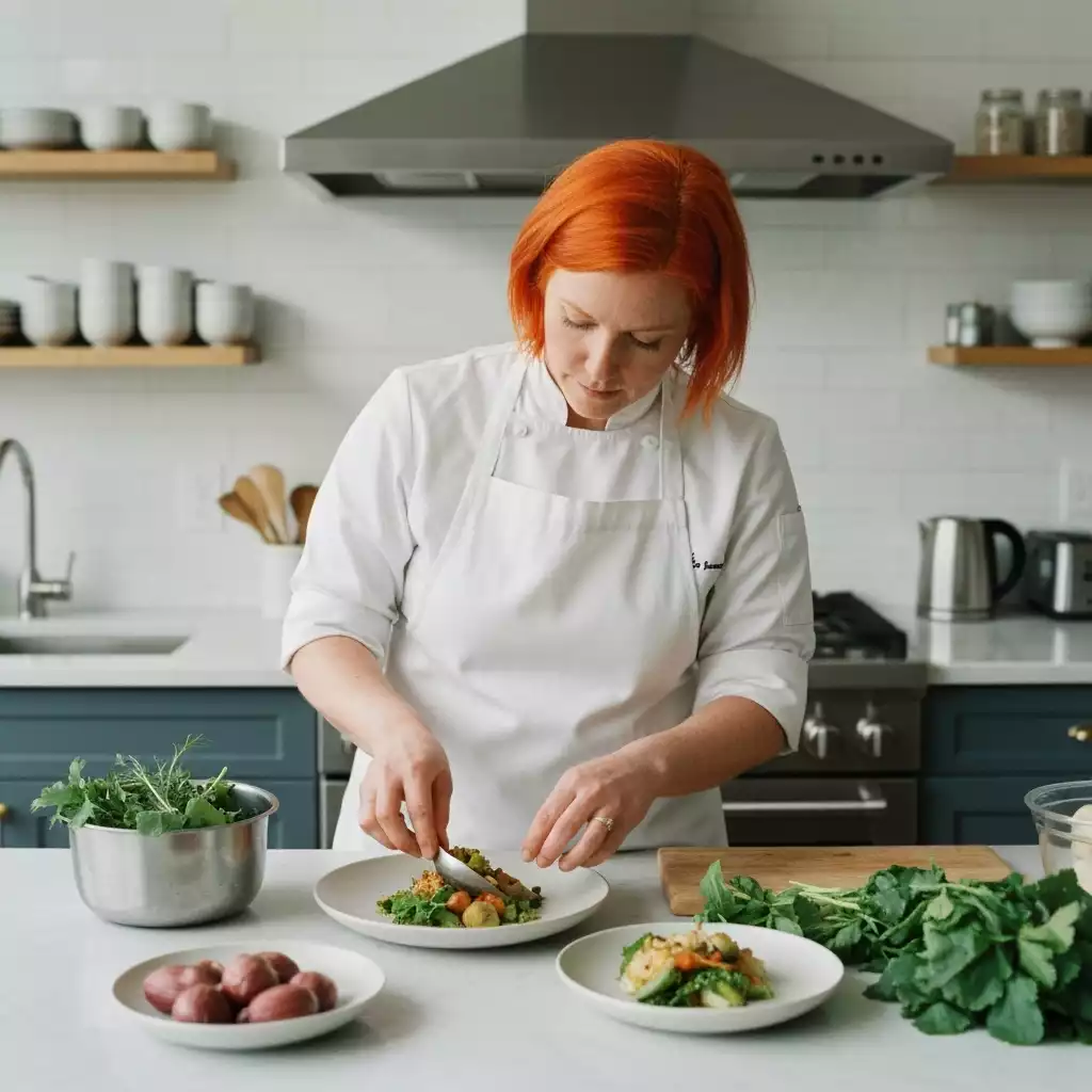 Chef preparing a dish with locally sourced, fresh ingredients in a modern kitchen, focus on sustainability and healthy eating
