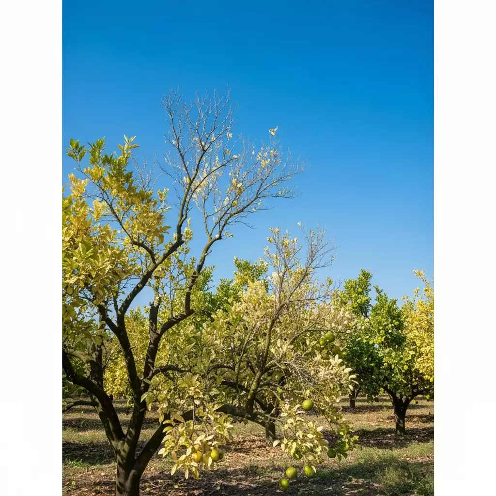 Citrus grove affected by greening disease with damaged trees