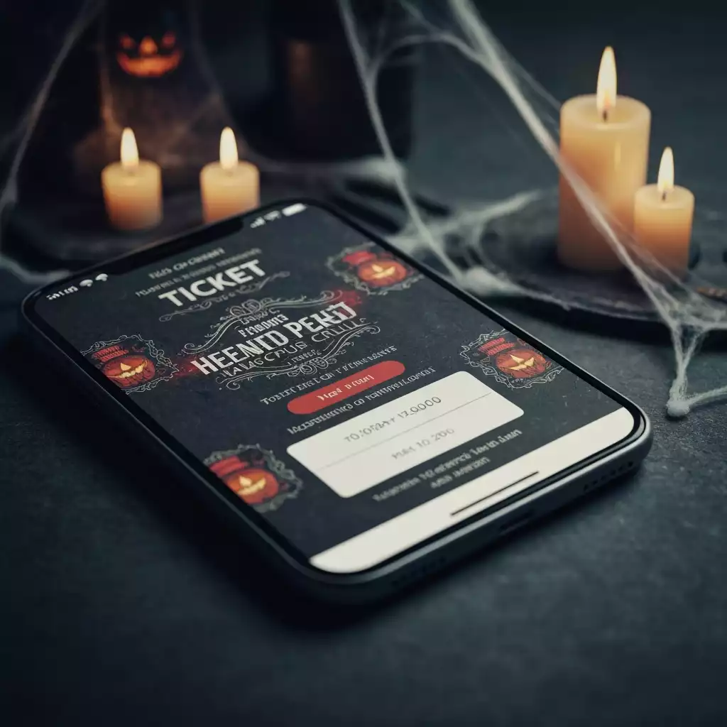 Digital mock-up of event tickets or a smartphone screen with ticket confirmation for a haunted pub crawl