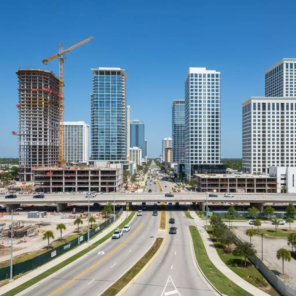 Modern infrastructure development in a growing Florida city, with new roads and buildings under construction, sunny day, no text, no words, no typography, clean image