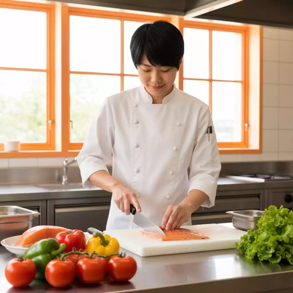Chef preparing fresh seafood dish in a modern kitchen, focus on hands and ingredients, natural lighting