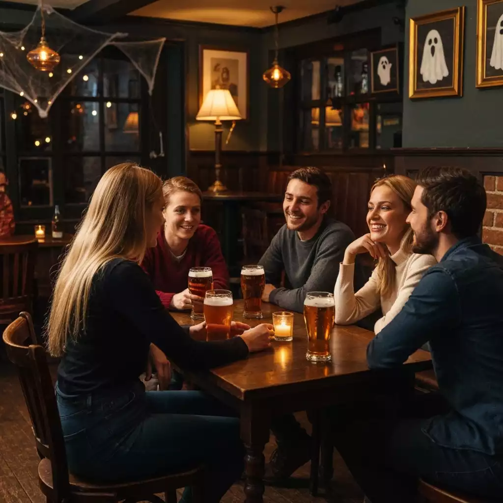 Group of friends enjoying drinks in a dimly lit, atmospheric pub with subtle spooky decorations