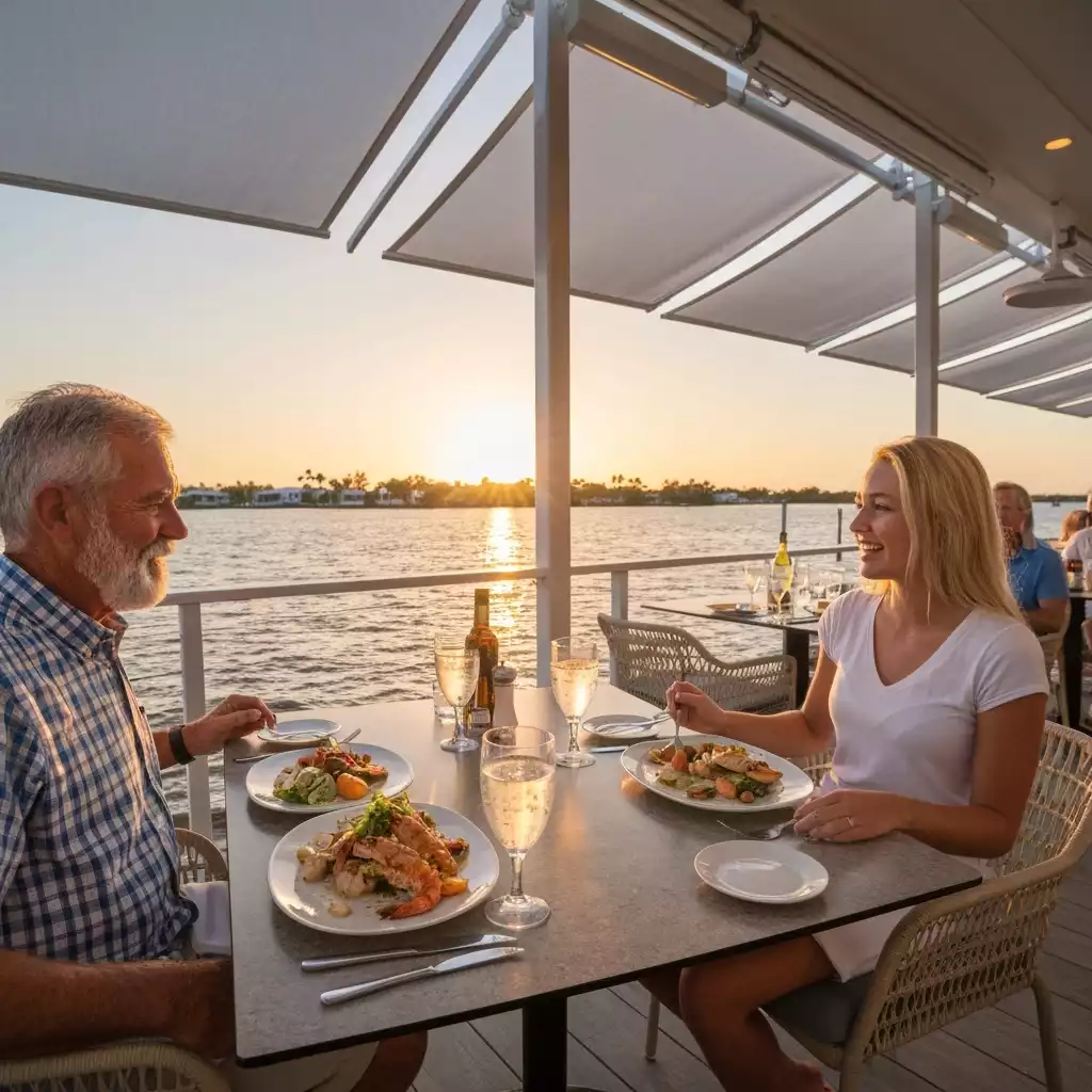 People enjoying an outdoor meal at a Fort Myers Beach restaurant with sunset views