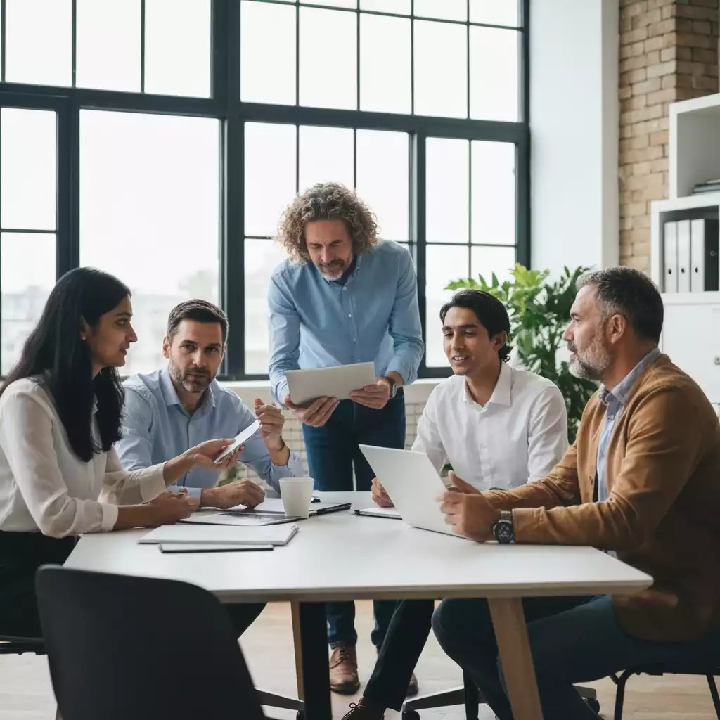 Diverse group of small business owners collaborating in a modern co-working space, discussing growth strategies, natural light, no text, no words, no typography, 8K