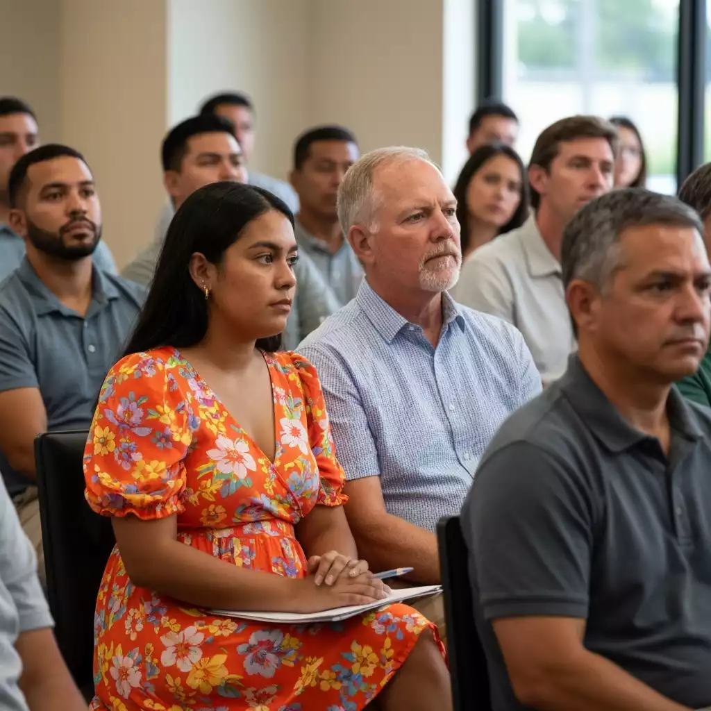 Diverse group of community members attending a public forum on affordable housing in Fort Myers