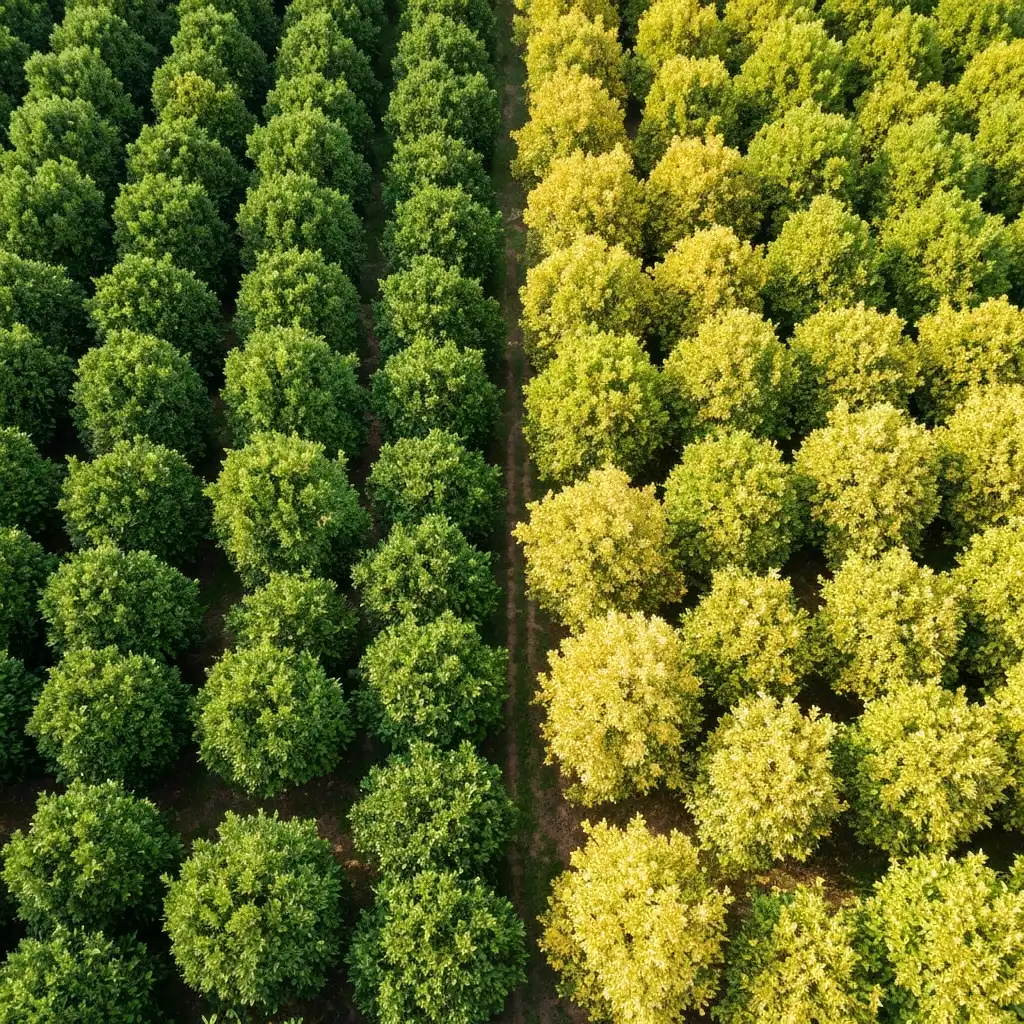 Aerial view of a healthy citrus grove contrasted with a diseased one, highlighting the impact of greening disease, no text, no words, no typography, 8K