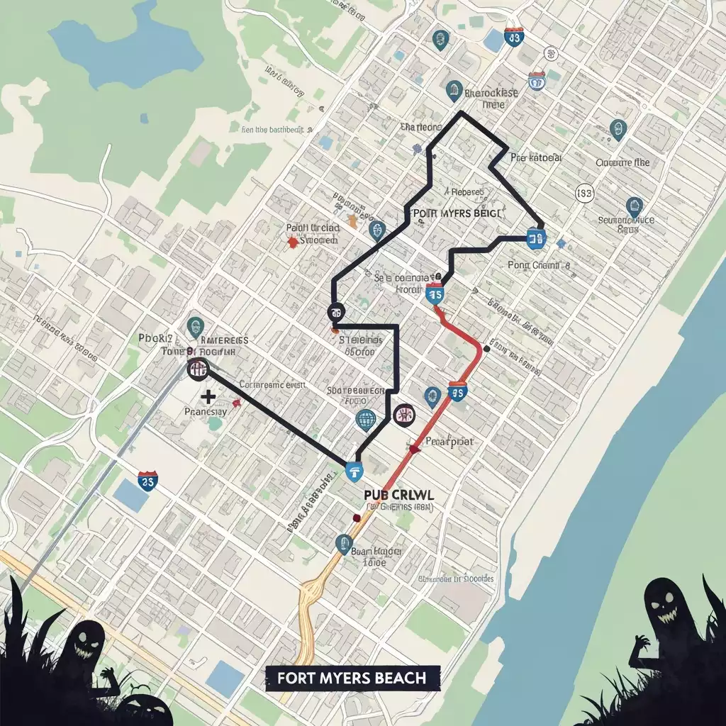 Stylized map of Fort Myers Beach with pub crawl route highlights