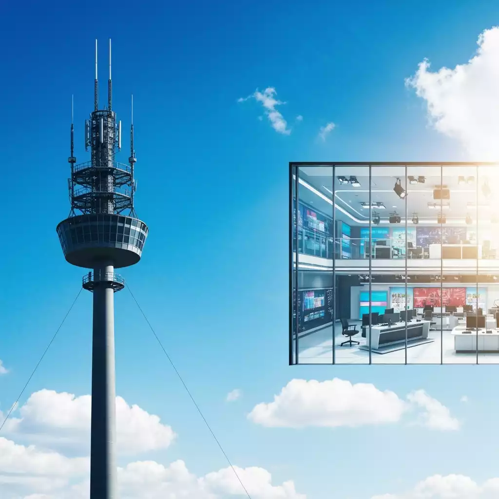 Broadcast tower with news studio in the background, symbolizing local broadcasting