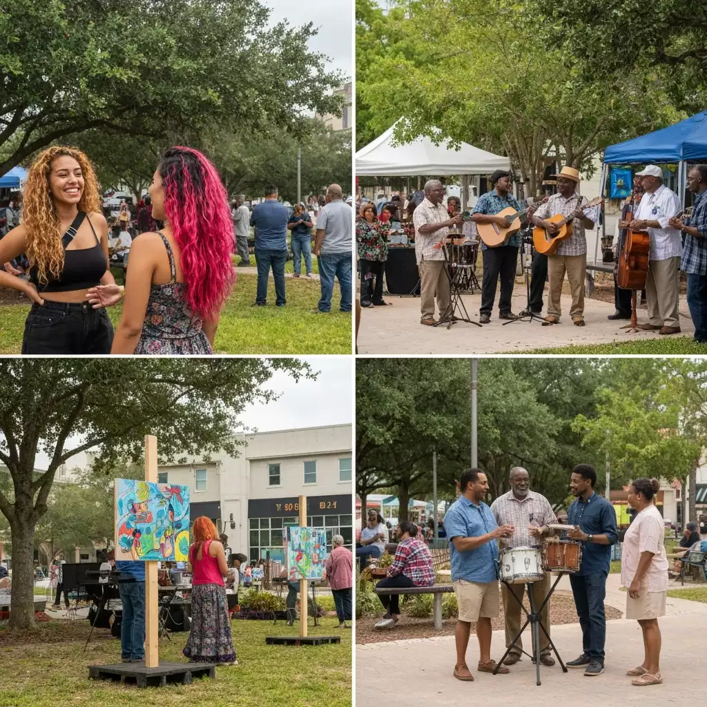 Community gathering in a revitalized downtown park in Fort Myers, with diverse people enjoying art and music, no text, no words, no typography, 8K