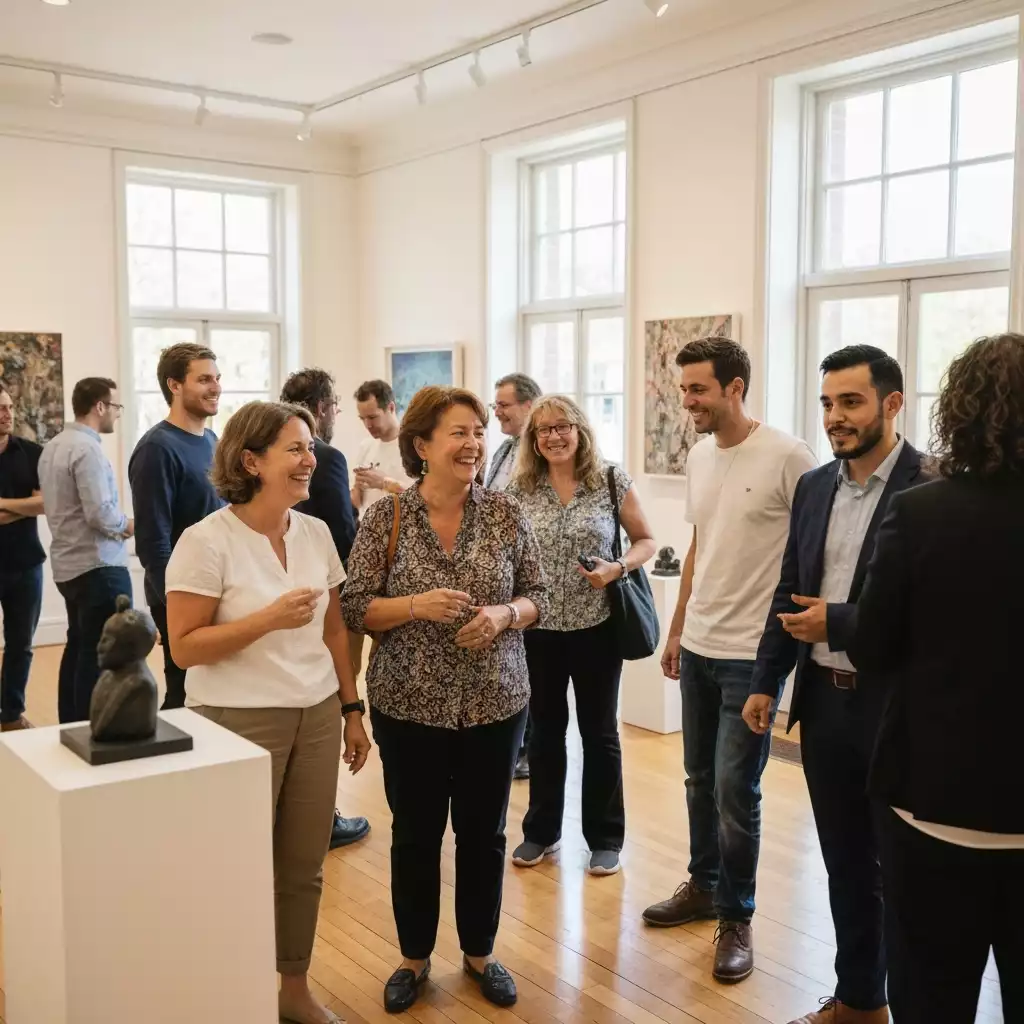 Diverse group of people engaging with art in a gallery setting