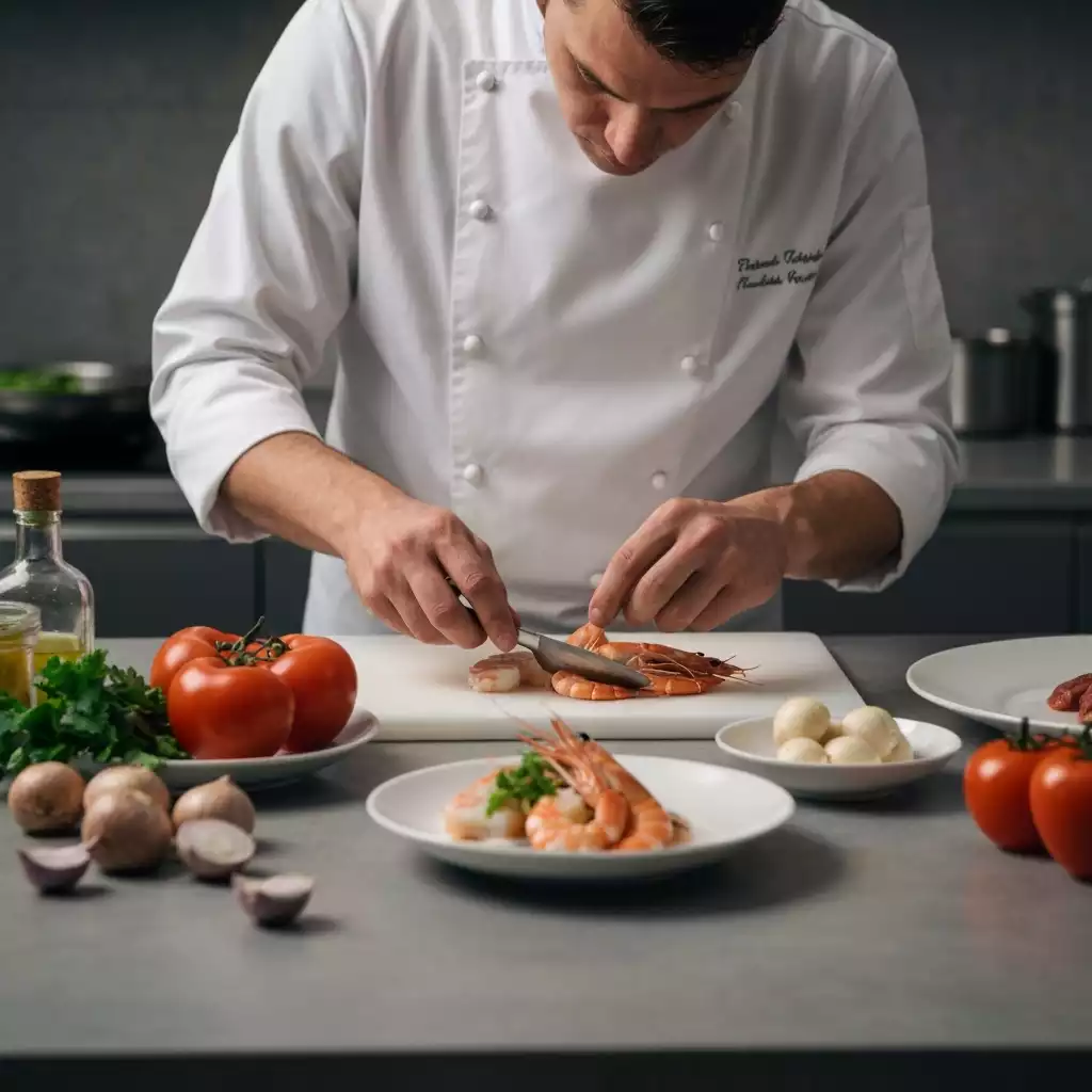 Chef preparing fresh seafood dish in a modern kitchen