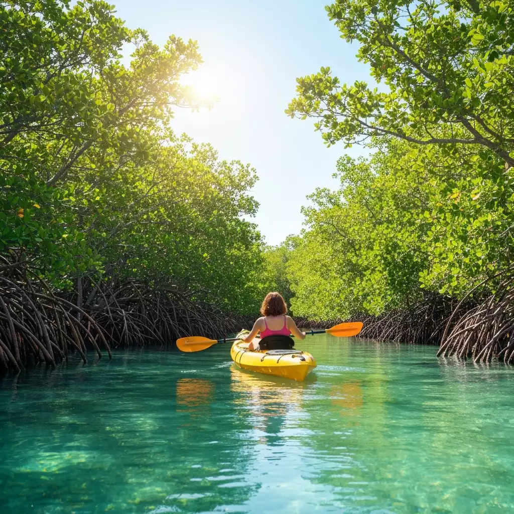 Person kayaking through lush mangrove tunnels in Fort Myers, Florida