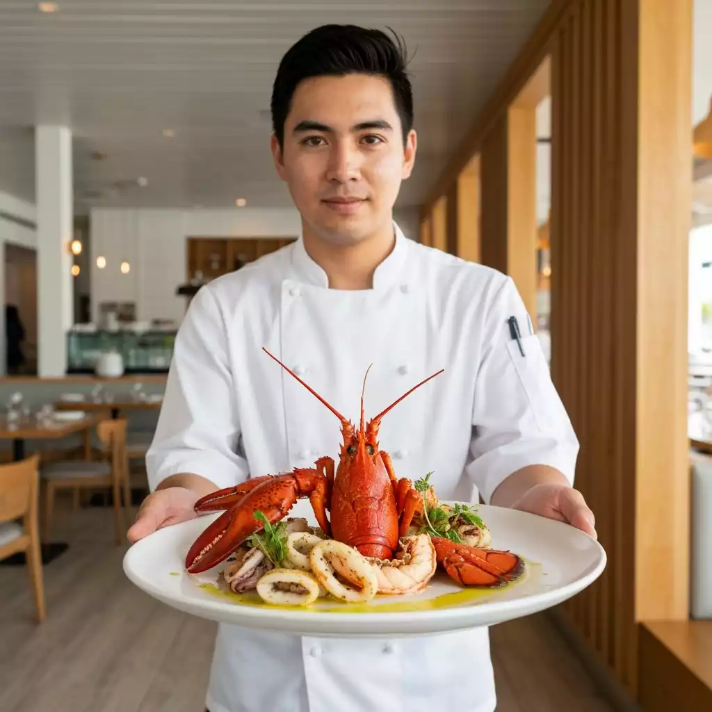Chef presenting a plate of fresh seafood in a modern Fort Myers Beach restaurant