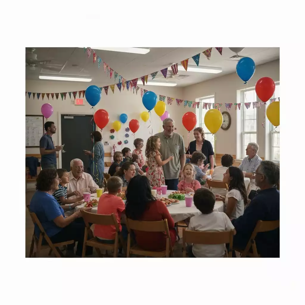 Families and friends celebrating at a vibrant community center with balloons and decorations, no text, no words, no typography, 8K