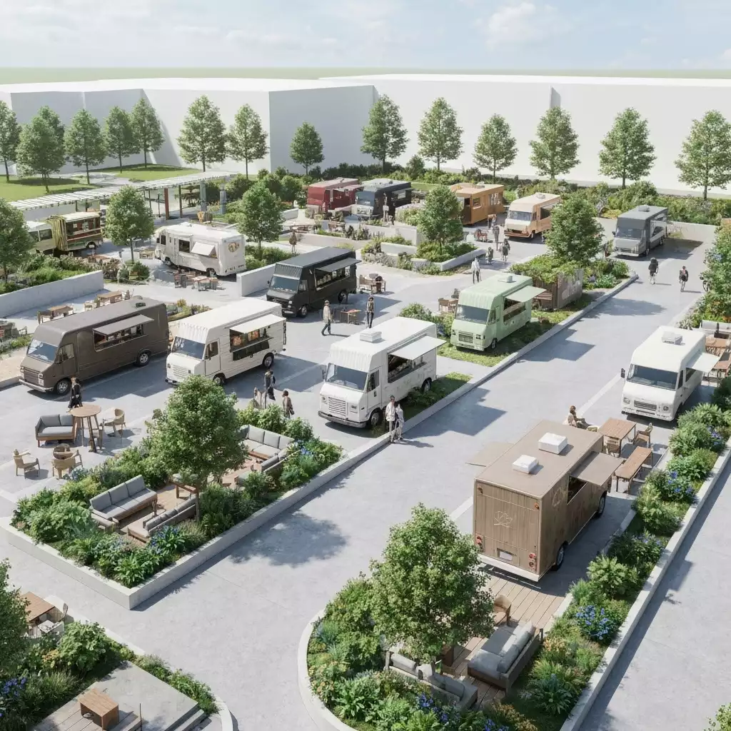 Architectural rendering of a modern food truck park layout with outdoor seating and green spaces
