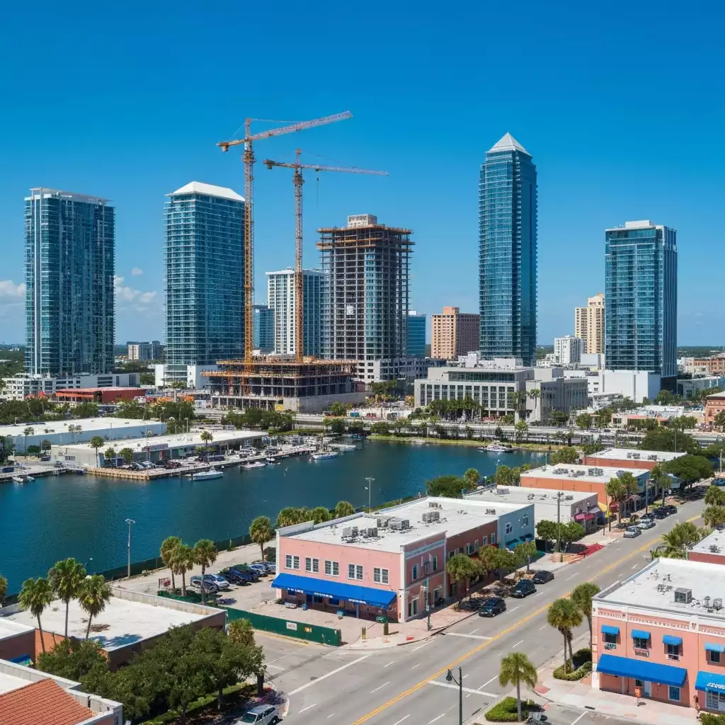 Modern Fort Myers skyline with construction and thriving small businesses in the foreground, vibrant, sunny day, no text, no words, no typography, 8K