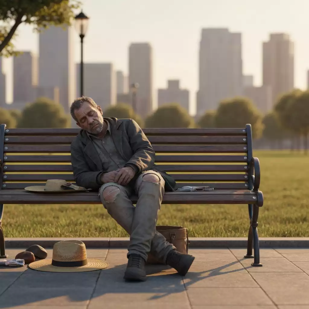Homeless person sleeping on a street bench, with blurred city background, illustrating the impact of a public sleeping ban