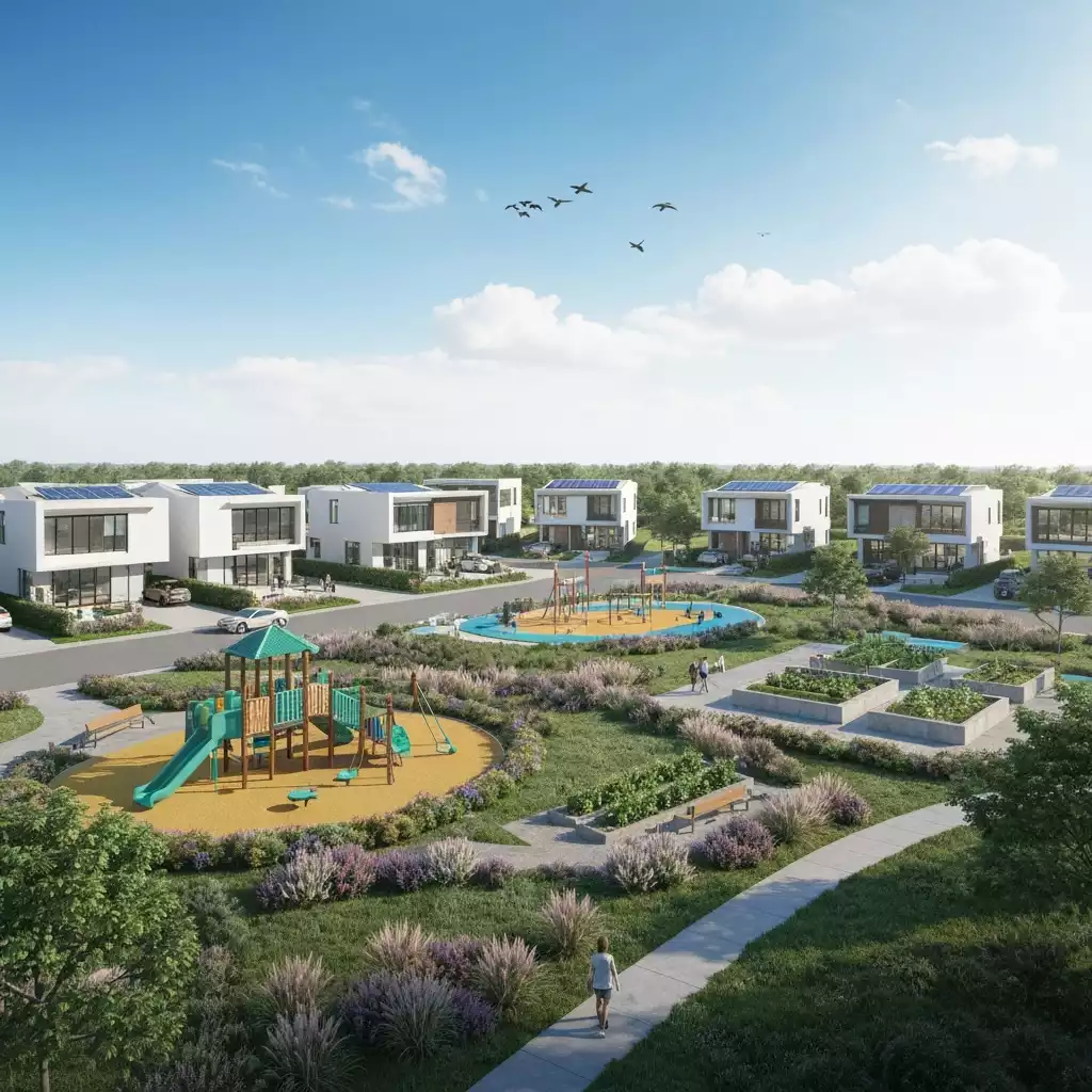 Architectural rendering of the Corkscrew Grove Villages project, showing modern homes and green spaces, no text, no words, no typography, 8K