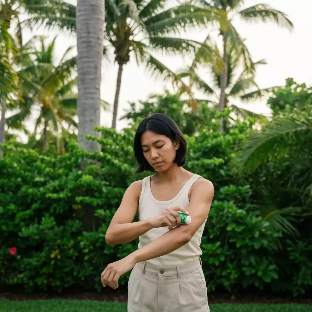Person applying mosquito repellent outdoors, clean image