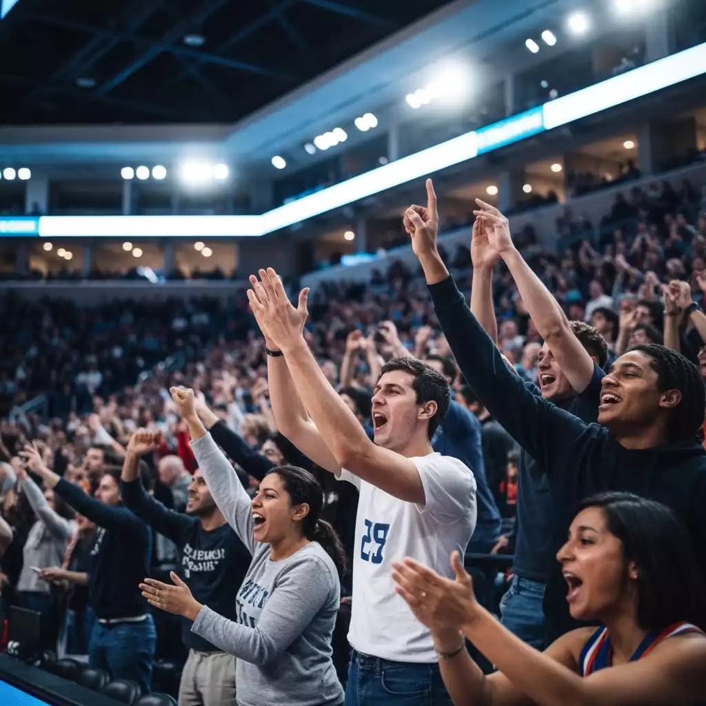 Energetic crowd cheering at a basketball game in a modern arena