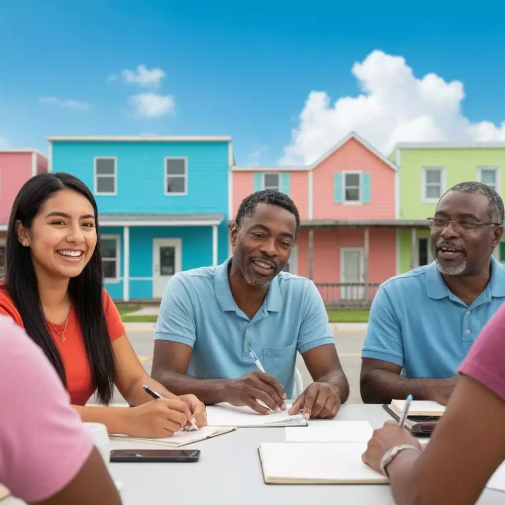 Diverse group of people in Fort Myers discussing housing stability, with a backdrop of local community buildings, no text, no words, no typography, 8K