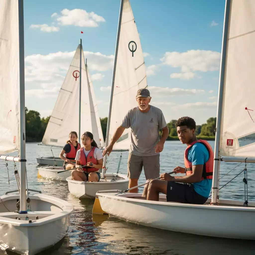Youth sailors learning to sail on a calm river with an instructor, no text, no words, no typography, 8K