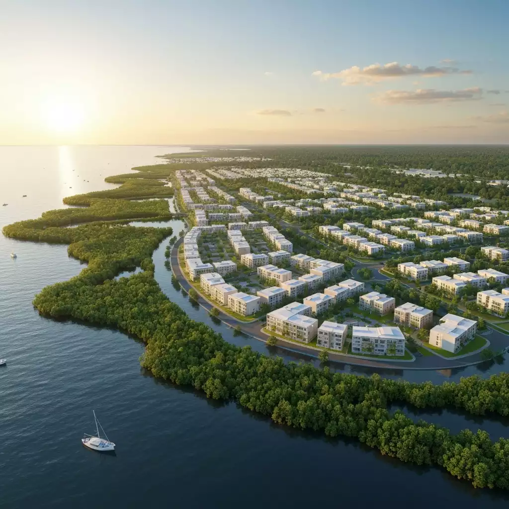Coastal community with protective natural barriers like mangroves and wetlands
