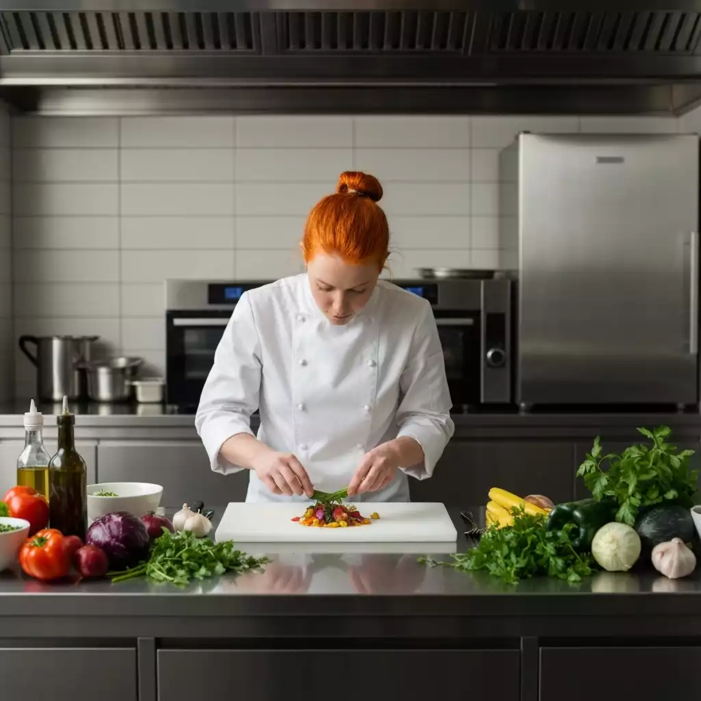 Chef preparing a dish with fresh, local ingredients in a modern kitchen