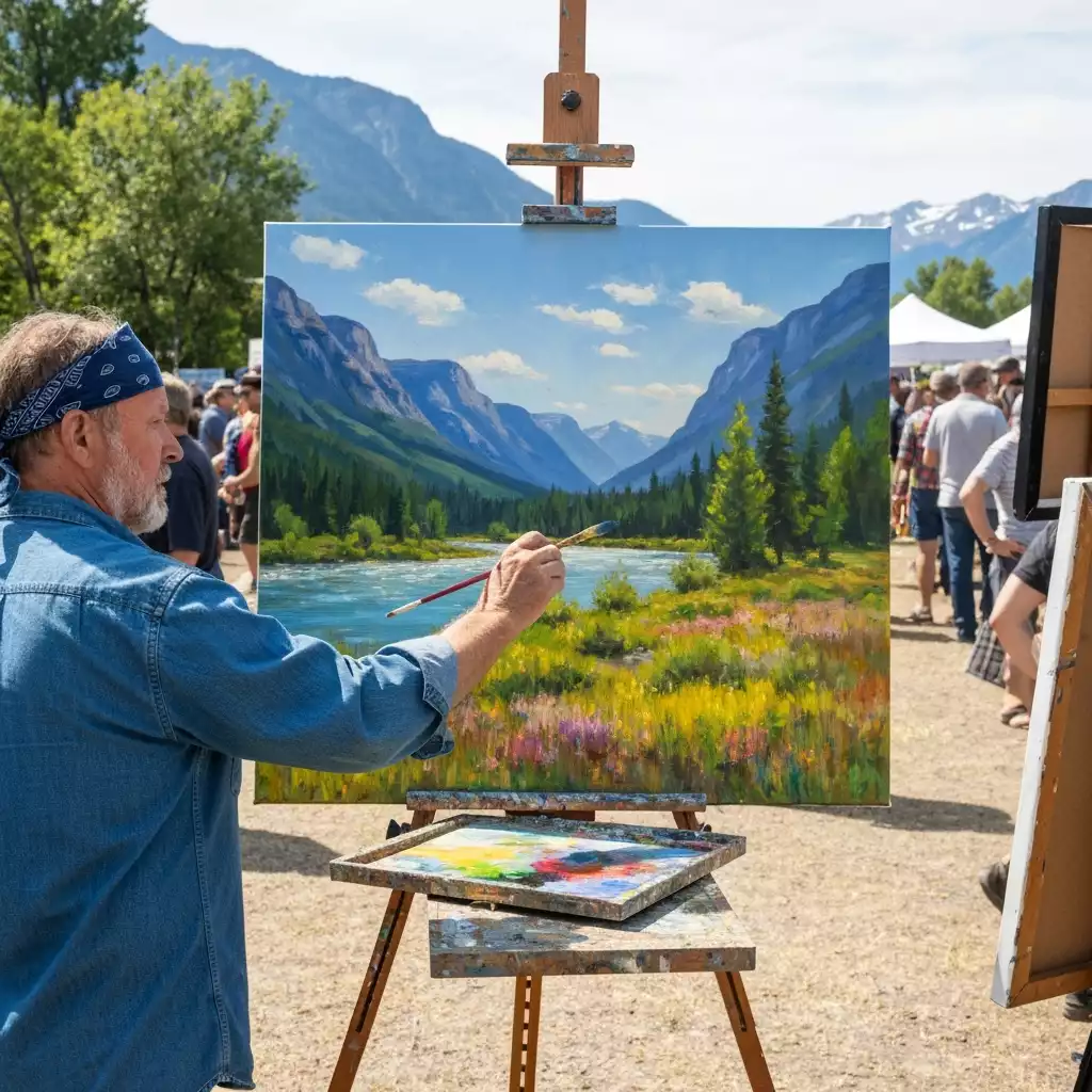 Artist painting outdoors at a plein air show, capturing a scenic landscape