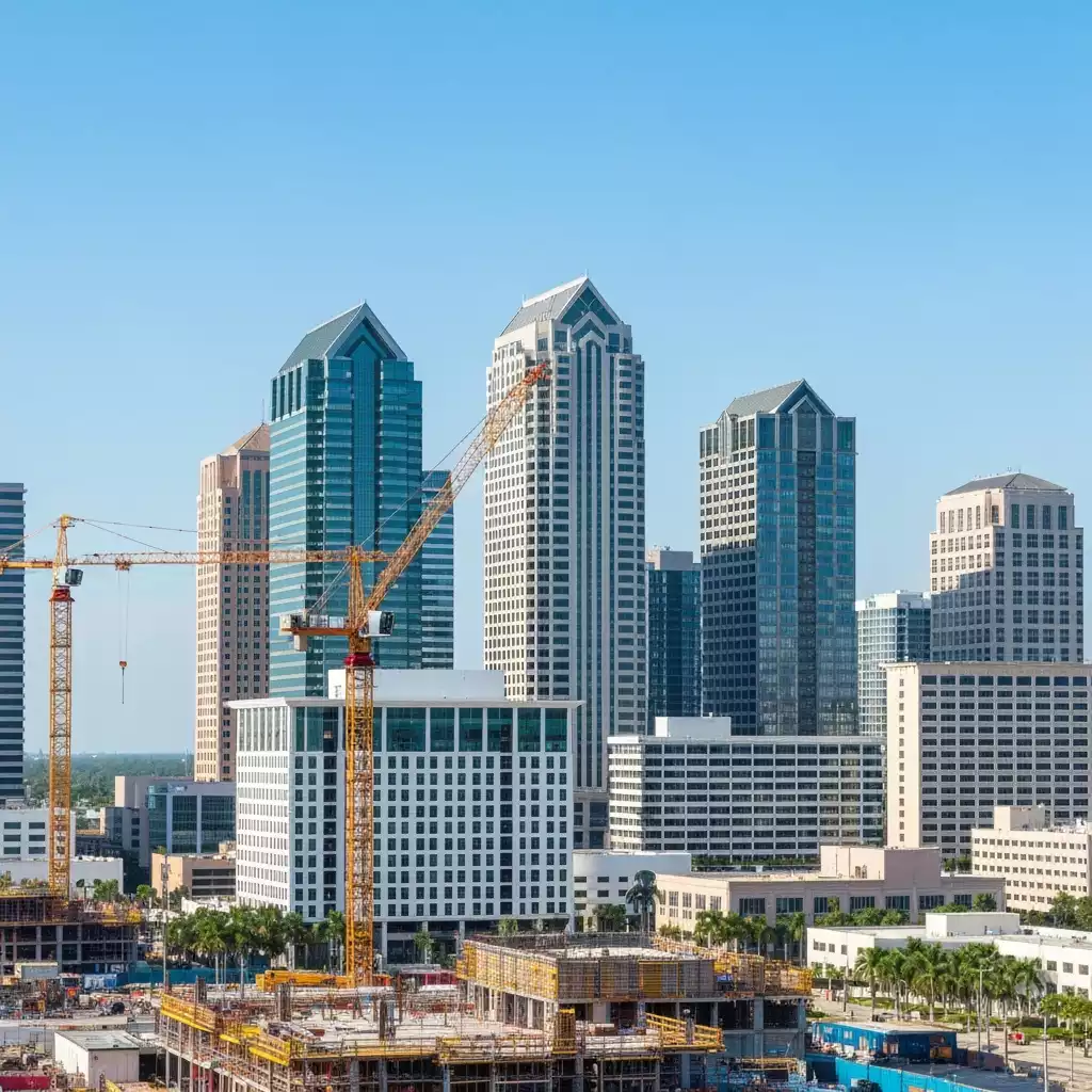 Modern city skyline with construction cranes and vibrant city life symbolizing growth and opportunity, no text, no words, no typography, 8K