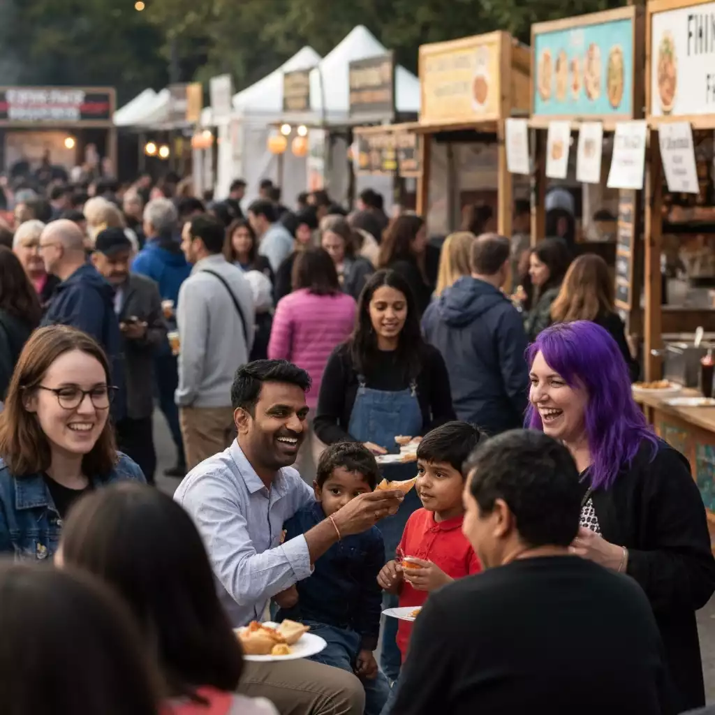 Diverse crowd enjoying food and music at an outdoor food festival