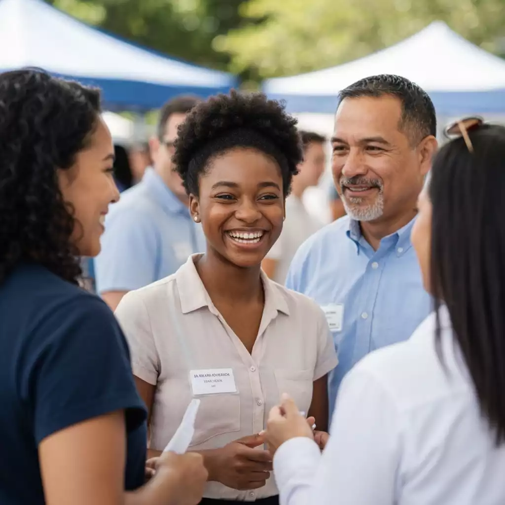 Diverse group of small business owners networking at a local Fort Myers community event, bright and friendly atmosphere, no text, no words, no typography, 8K