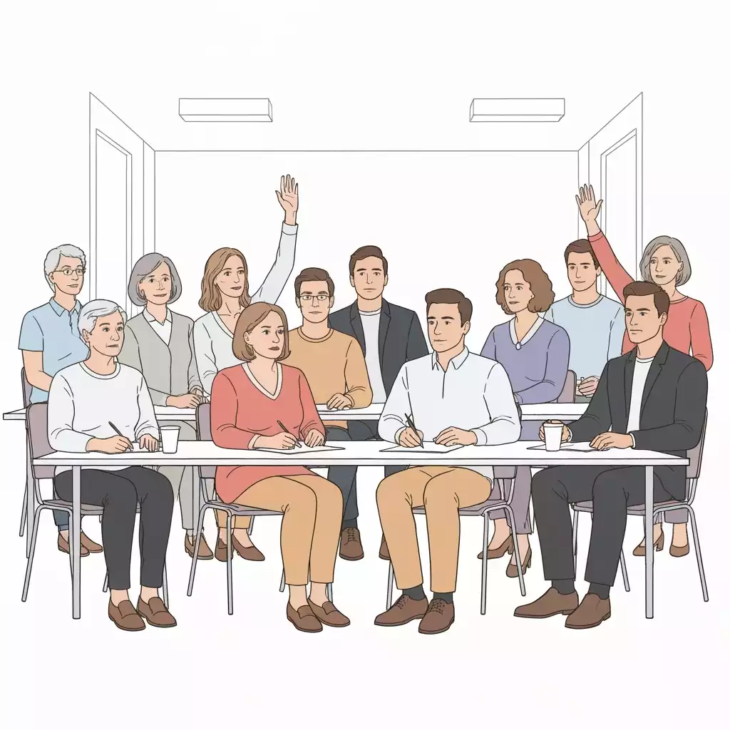 Community members gathered in a town hall meeting, actively listening and raising hands to speak, representing local engagement and transparency in decision-making, no text, no words, no typography, clean image