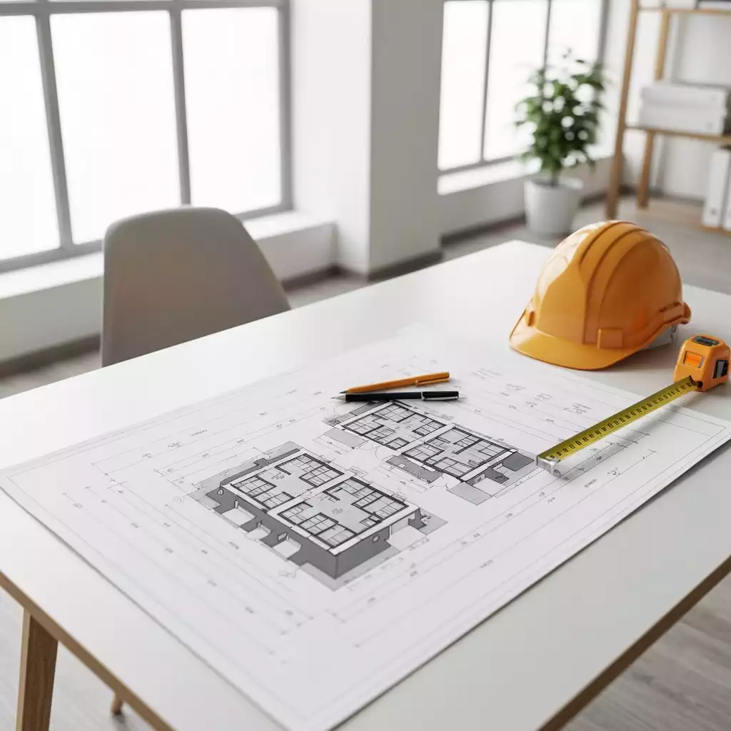 Architectural building plans spread on a desk with a hard hat and measuring tape, representing construction planning