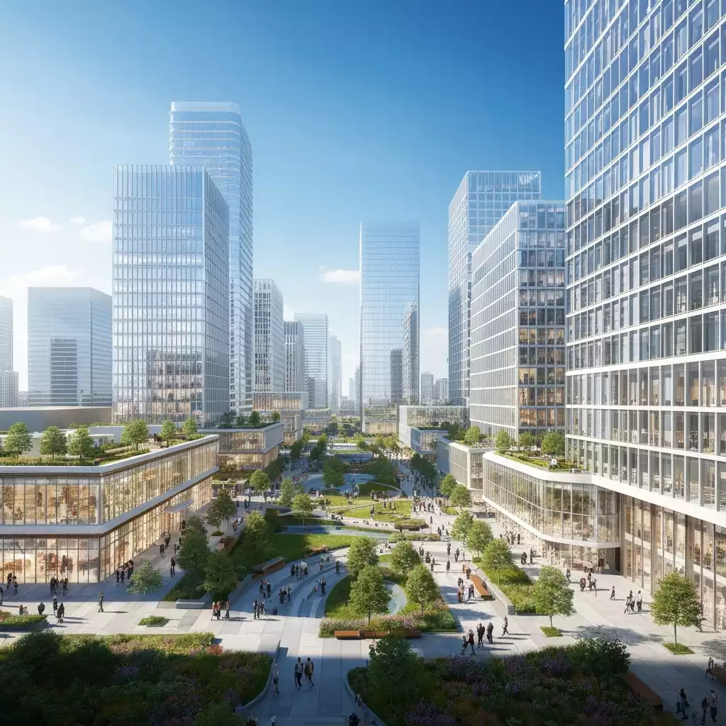 Architectural rendering of a modern downtown area with green spaces and pedestrian zones