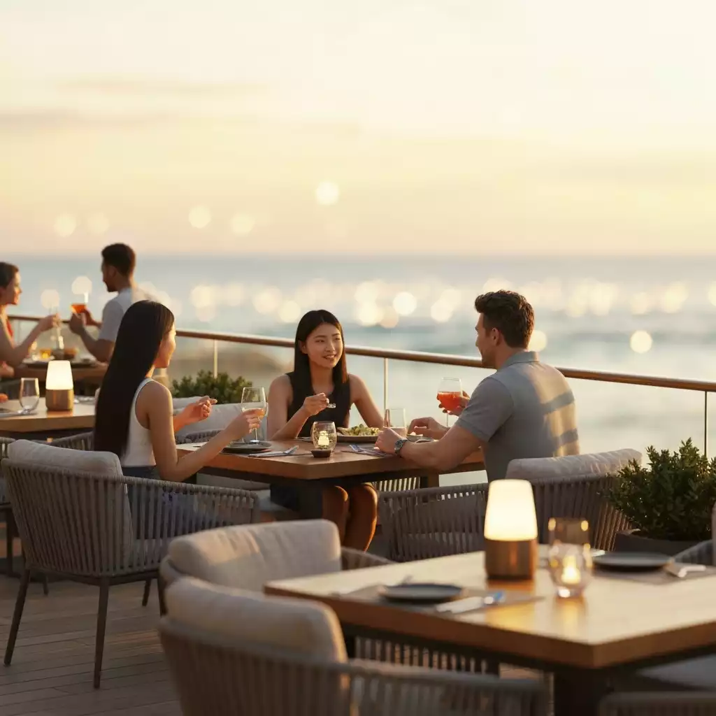Outdoor patio seating at a modern restaurant by the beach with people enjoying food and drinks