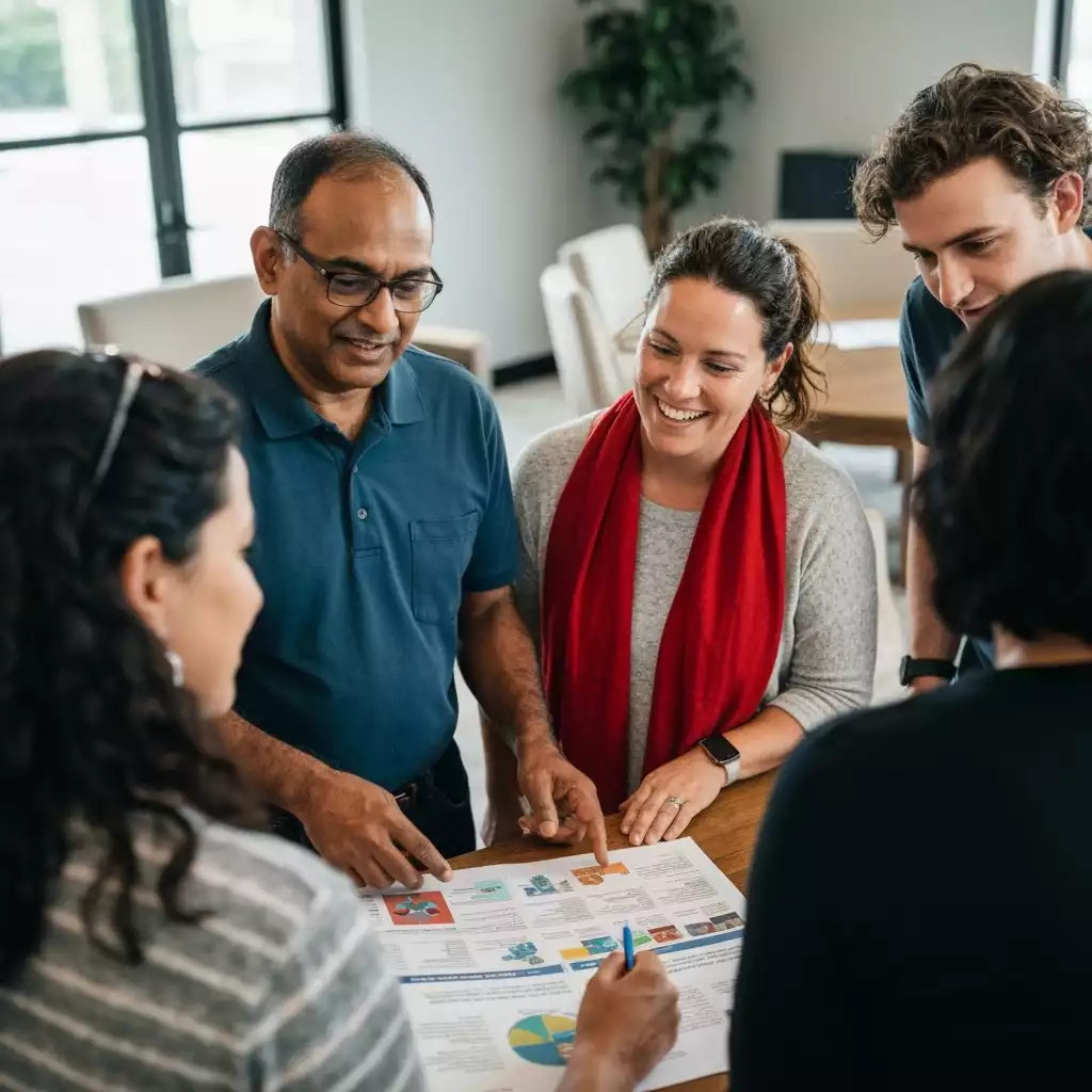 Diverse group of community members looking at a support map for homelessness in Fort Myers