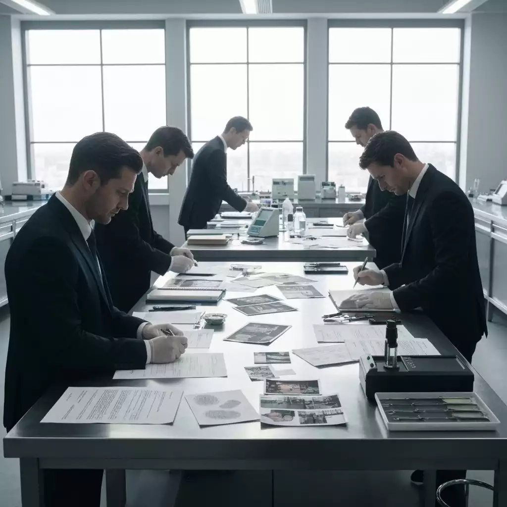 Detectives analyzing evidence on a table in a bright, modern forensic lab setting