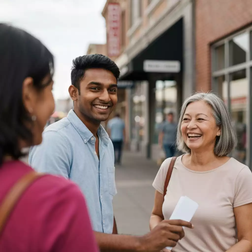 People in a downtown area supporting local businesses
