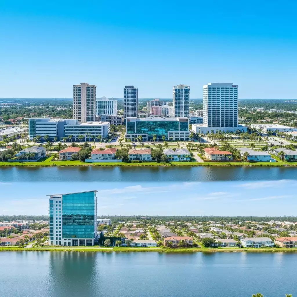 Modern cityscape of Southwest Florida with new commercial buildings and residential areas