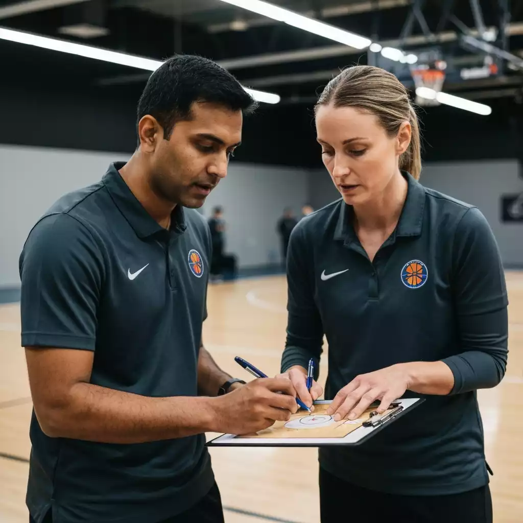 Basketball coaches discussing strategy on a clipboard during a timeout, in a modern gym