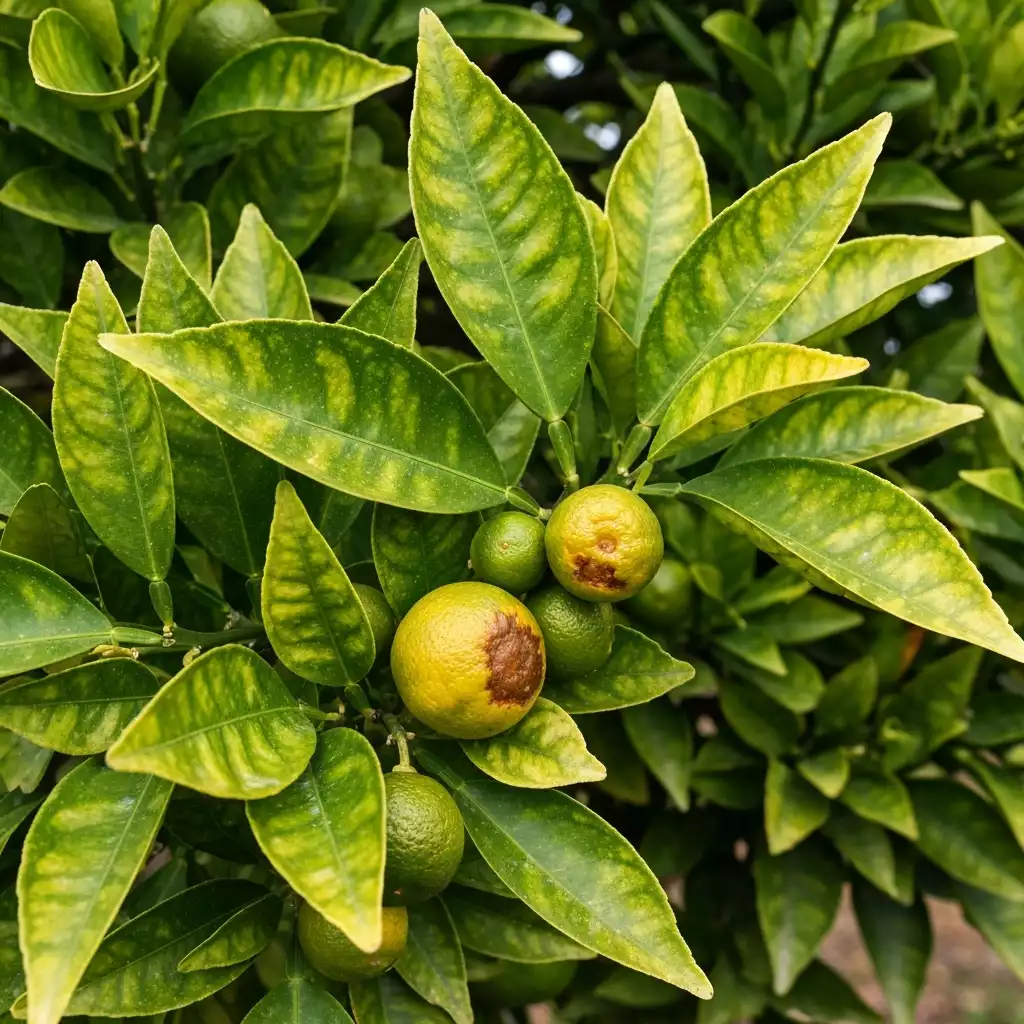 Close-up of a citrus tree affected by citrus greening disease, with mottled leaves and small, discolored fruit, no text, no words, no typography, clean image