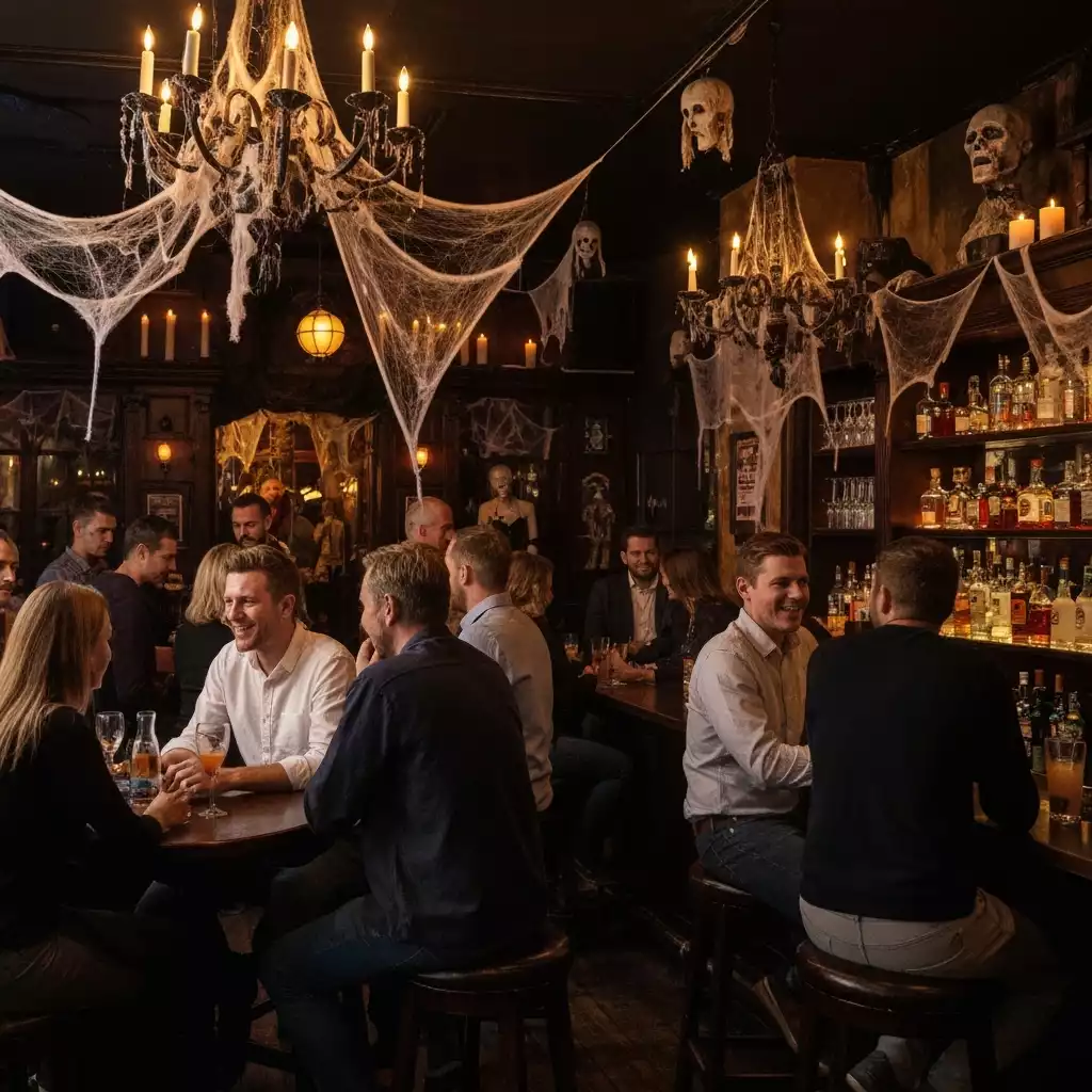 Specialty drinks at a haunted pub, dimly lit, with spooky decorations and people enjoying the atmosphere