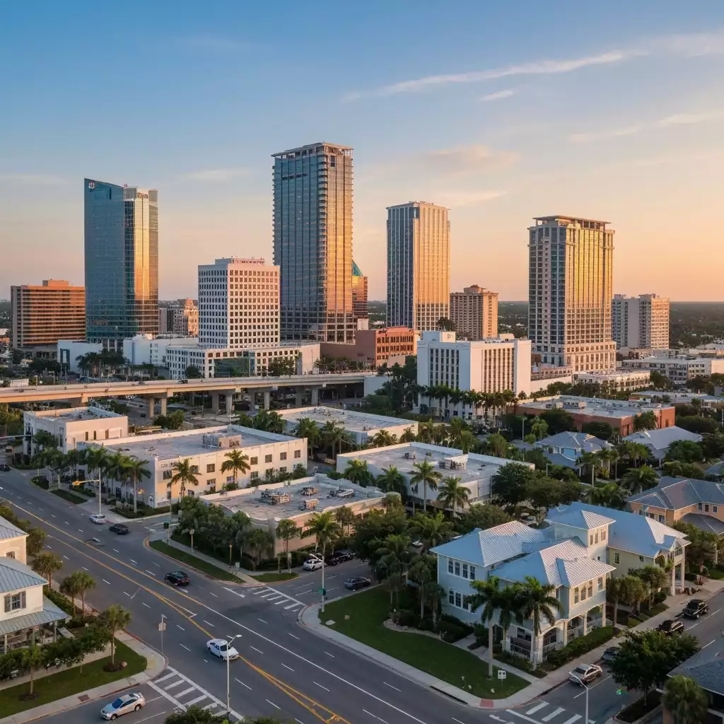 Modern cityscape of Fort Myers at sunset, showing economic growth and development