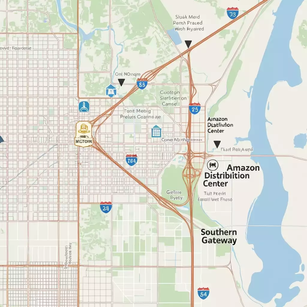 Detailed map of Fort Myers showing current and planned infrastructure projects with icons for Midtown, Amazon Distribution Center, and Southern Gateway