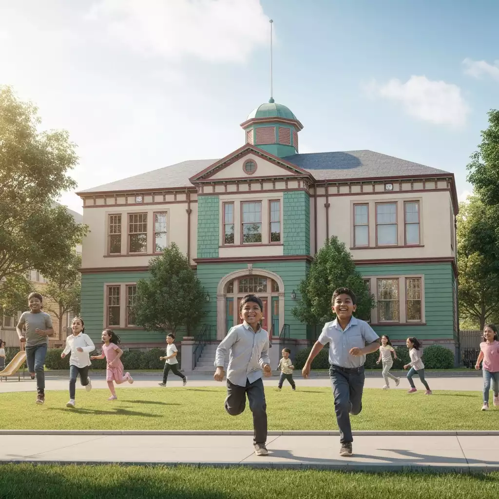 Historic Beach Elementary school building with children playing outside, sunny day